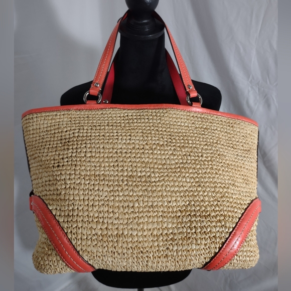 COACH Coral & Red Leather & Straw Shoulder/Tote Bag - Picture 2 of 12